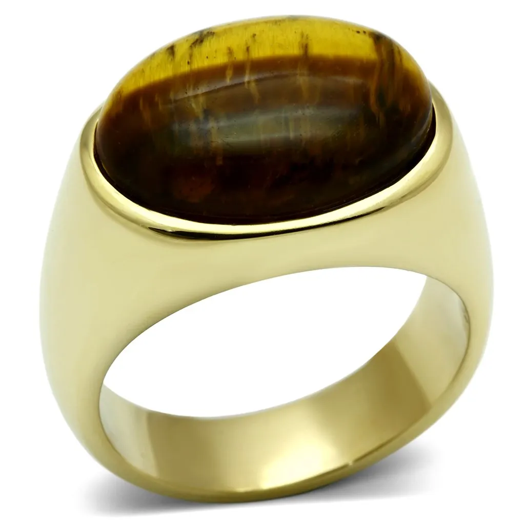 IP Gold(Ion Plating) Stainless Steel Ring with Synthetic Tiger Eye in Topaz for Women Style TK718