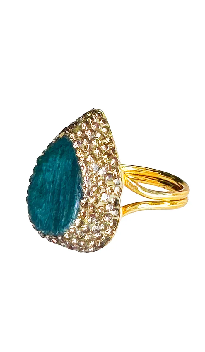 Jeweled Raw Emerald and Champagne Crystal Teardrop Cocktail Ring