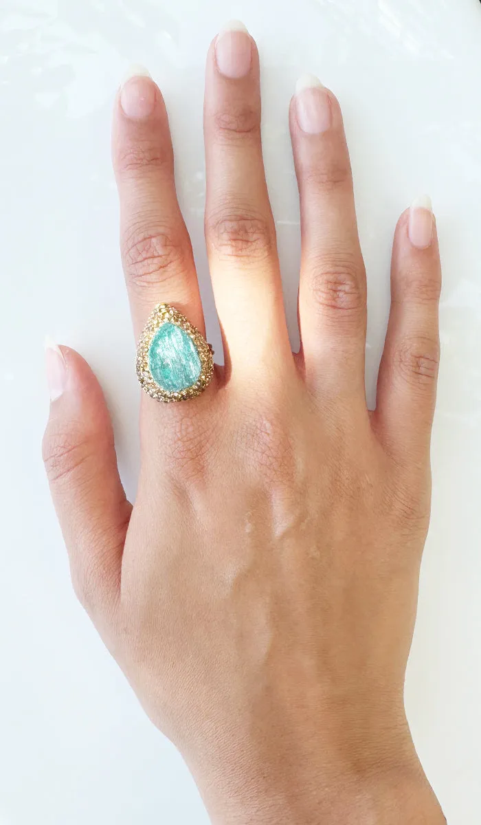 Jeweled Raw Emerald and Champagne Crystal Teardrop Cocktail Ring