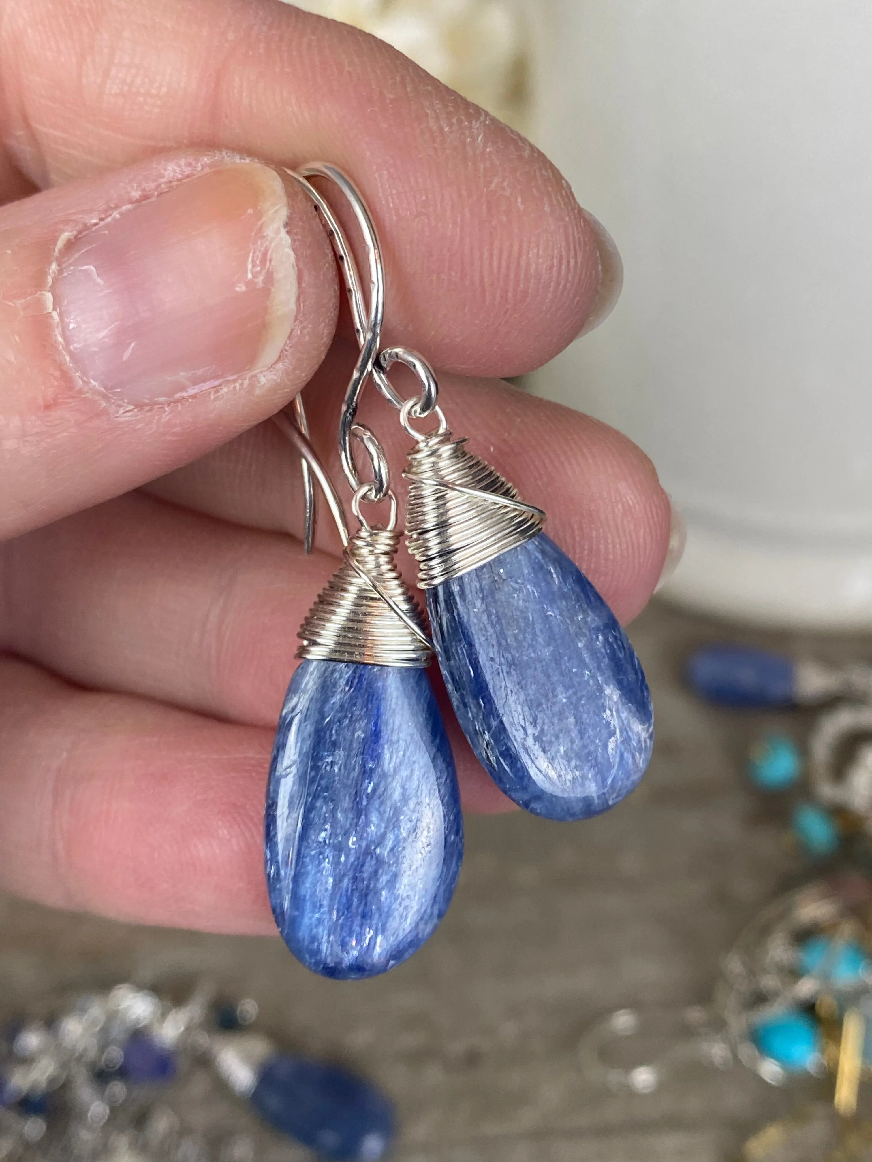 Kyanite gemstone drops, sterling silver metal, earrings, jewelry