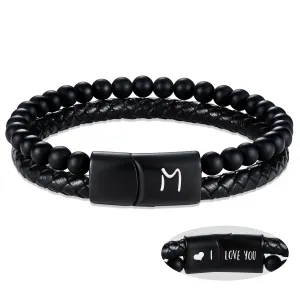 Leather Bracelet for Men Initial M Layered Black Beaded Bracelets I Love You Gifts for Him