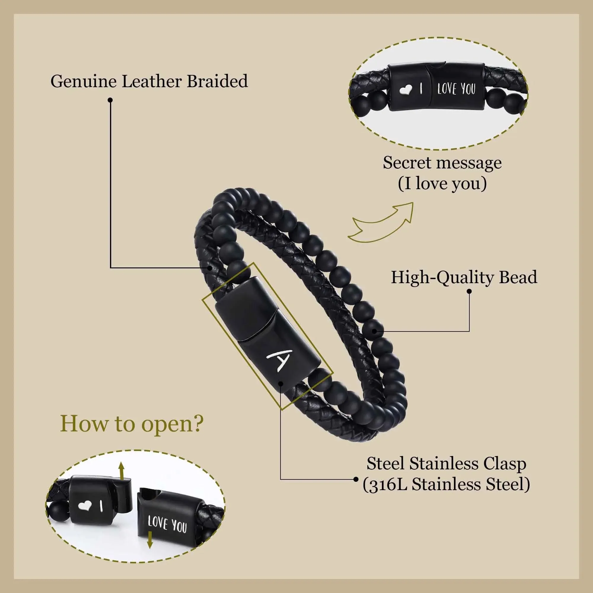 Leather Bracelet for Men Initial M Layered Black Beaded Bracelets I Love You Gifts for Him