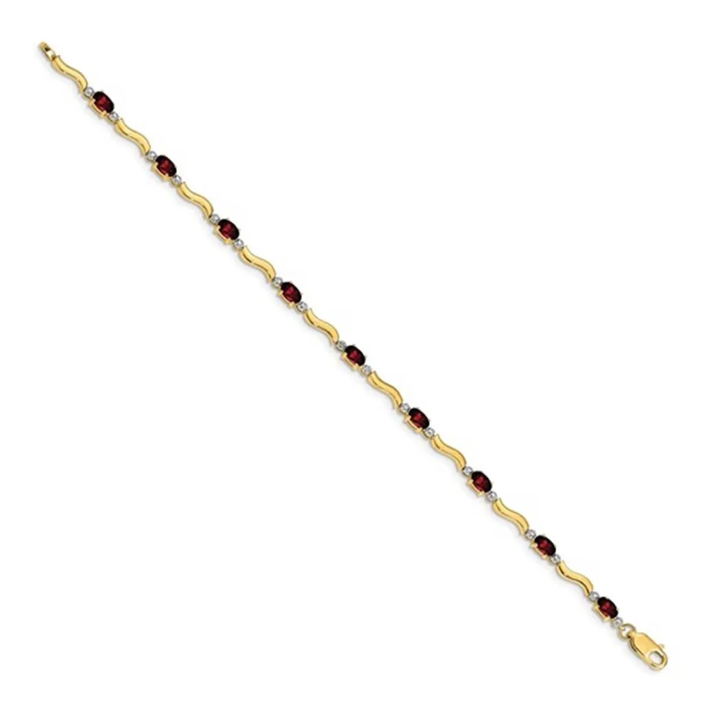 Link Style Colored Stone Bracelet 14 Karat Gold Yellow With Garnet Mozambiques & Diamonds 7" Long