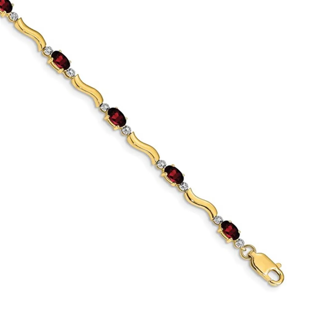 Link Style Colored Stone Bracelet 14 Karat Gold Yellow With Garnet Mozambiques & Diamonds 7" Long