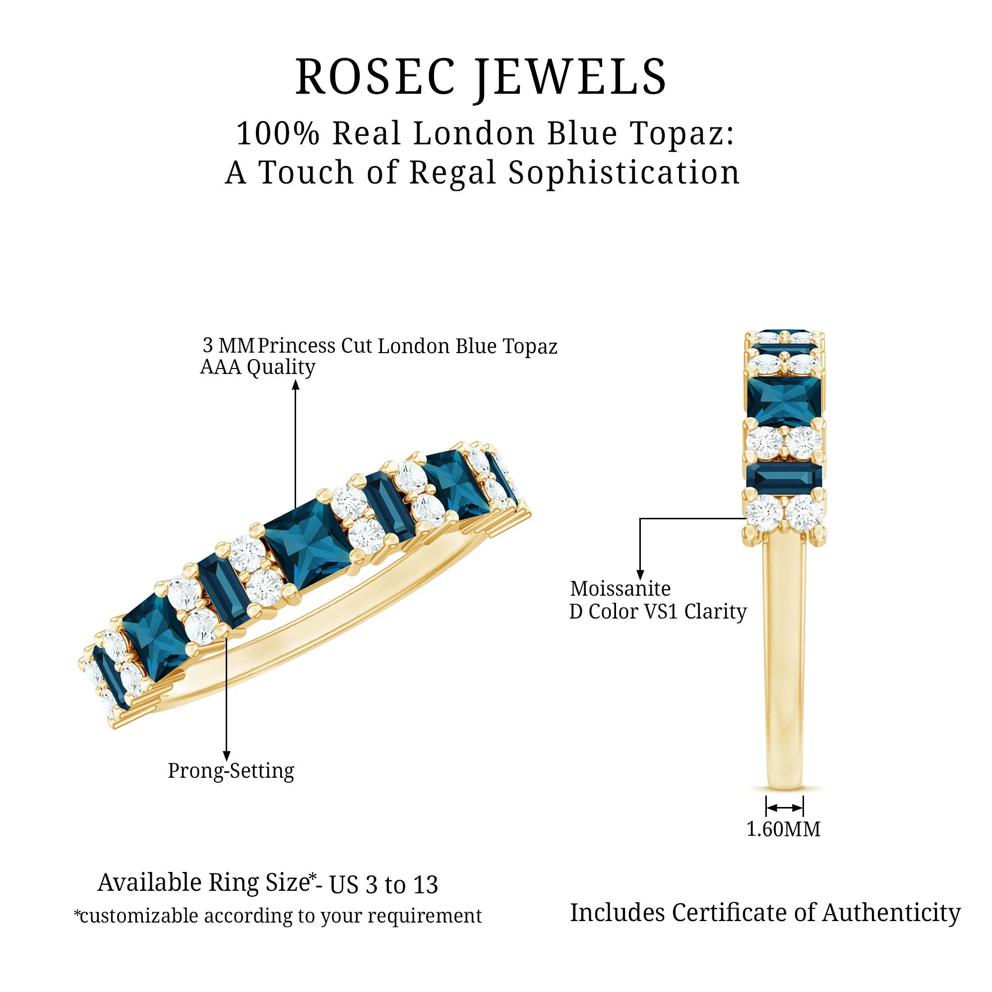 London Blue Topaz and Moissanite Eternity Ring in Prong Setting