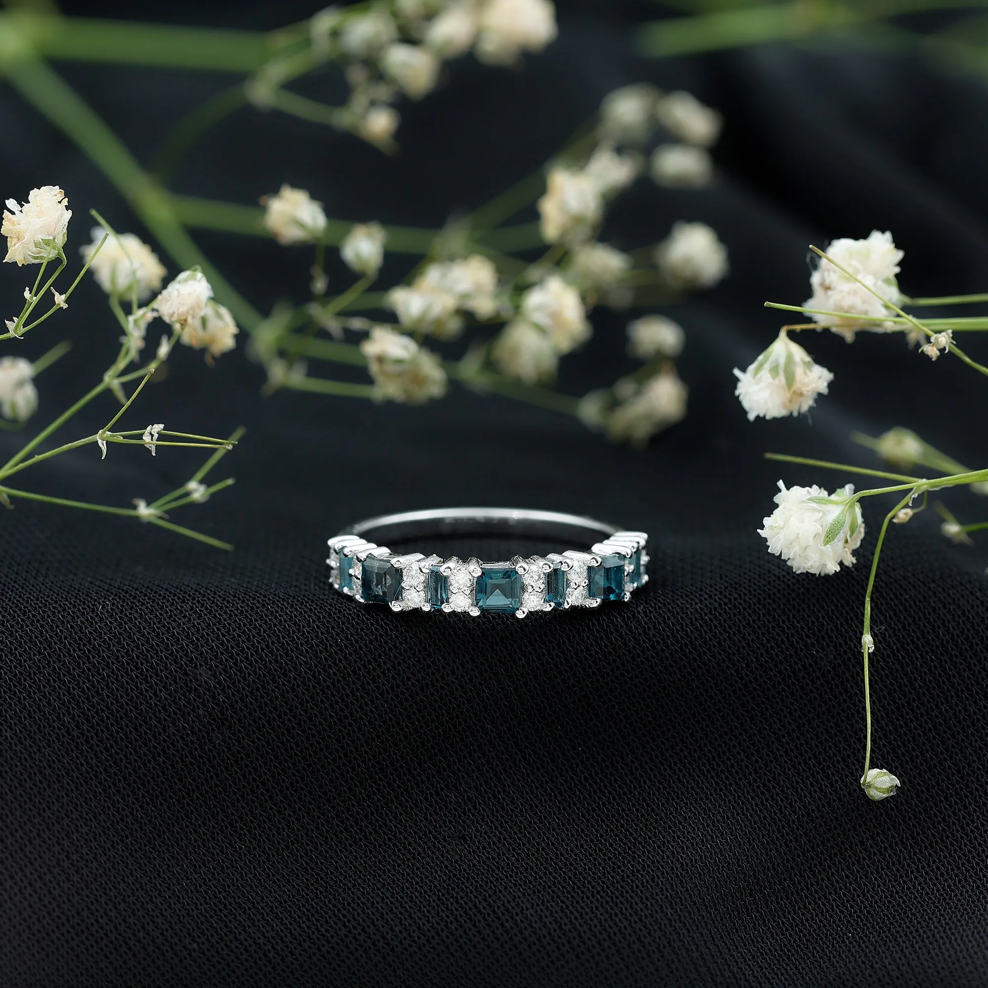 London Blue Topaz and Moissanite Eternity Ring in Prong Setting