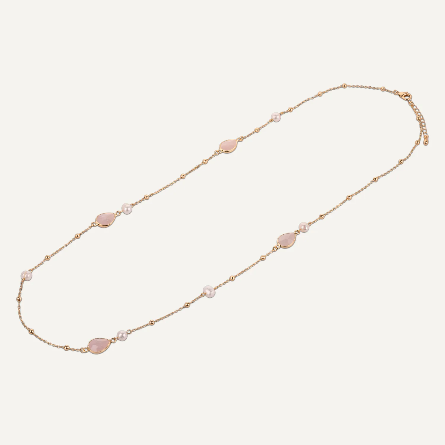 Long Rose Quartz & Pearl Crystal Stone Necklace In Gold-Tone