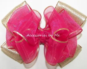 Magenta Pink Gold Organza Hair Bow