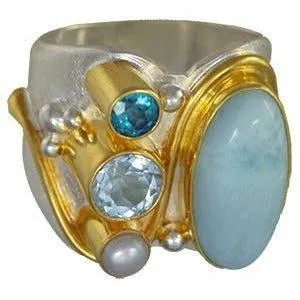 Michou  Sterling Silver & Gold Larimar Vermeil Ring - Poseidon's Treasures Collection