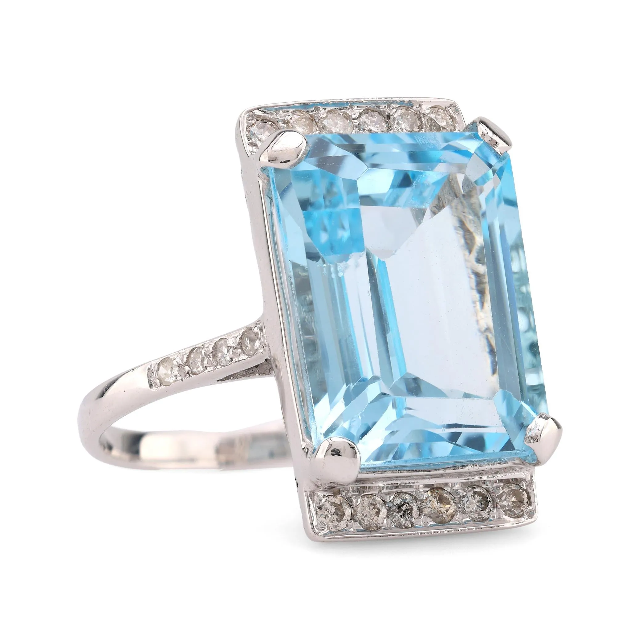 Mid Century French 12 Carat Aquamarine Diamond 18K White Gold Cocktail Ring