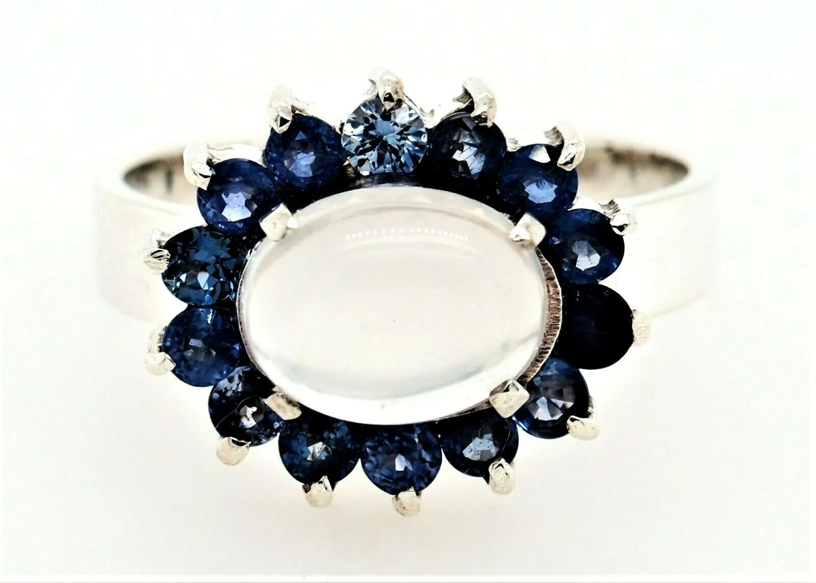 Moonstone & Sapphire Dress Ring Sterling Silver Fine Gemstone Jewellery