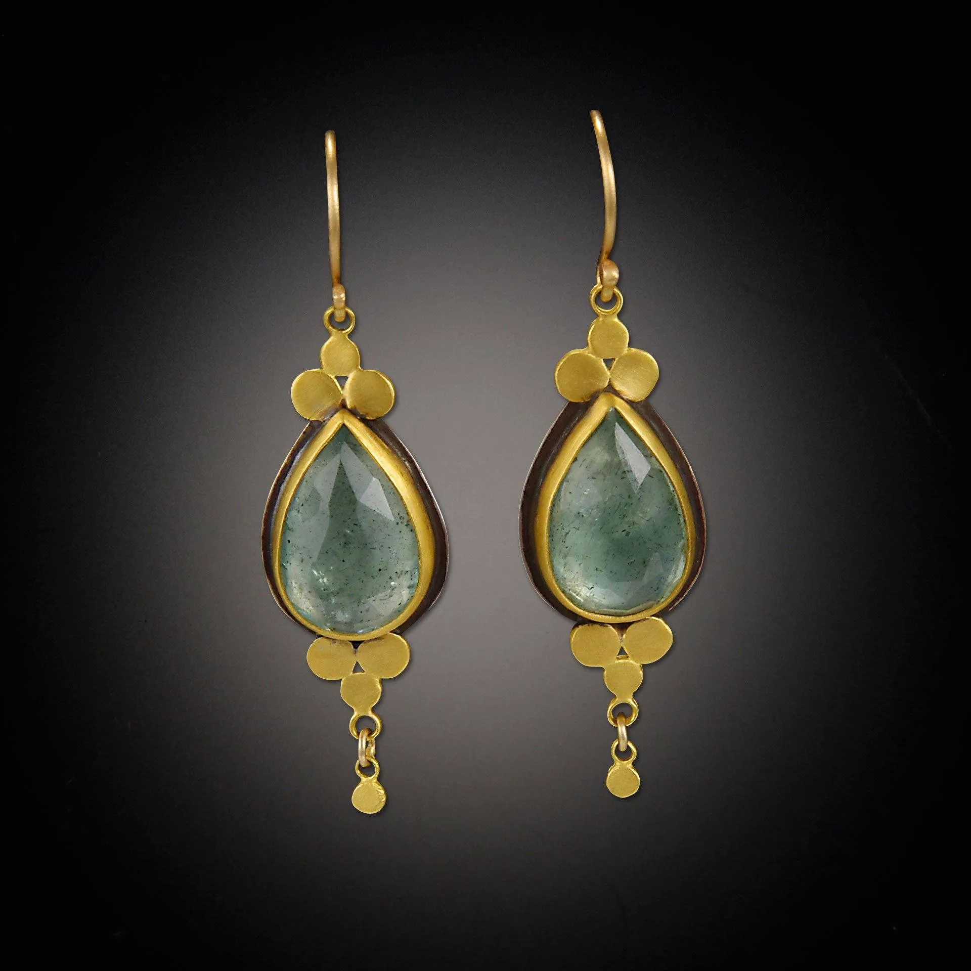 Moss Aquamarine Earrings with Gold Trios