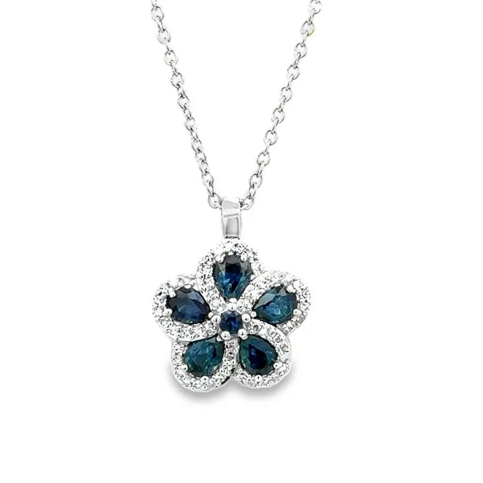 Mountz Collection Sapphire and Diamond Flower Pendant Necklace in 14K White Gold