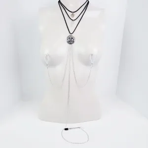 Multi Tiered Necklace to Nipple and Clit With Rose Quartz Crystal, Triple Moon Tree of Life and Pentacle.