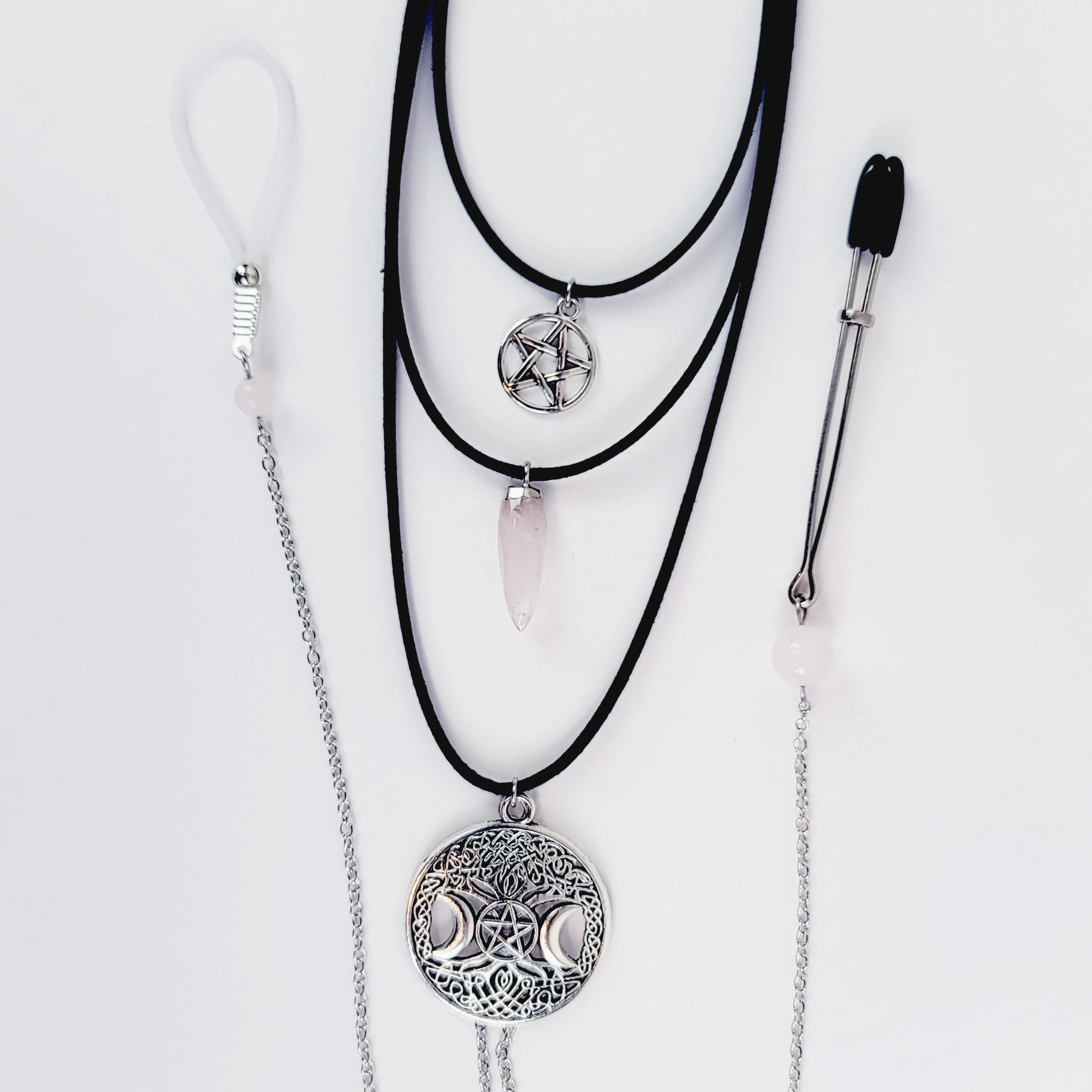 Multi Tiered Necklace to Nipple and Clit With Rose Quartz Crystal, Triple Moon Tree of Life and Pentacle.