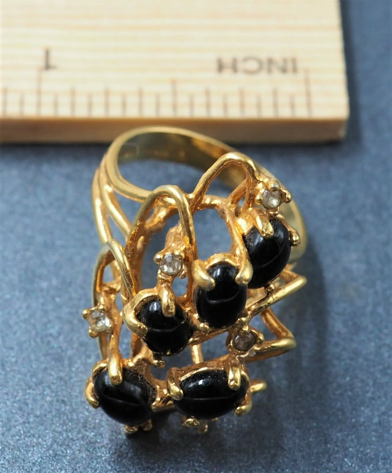 Onyx & Rhinestone 18ct Yellow Gold Plated Cluster Ring