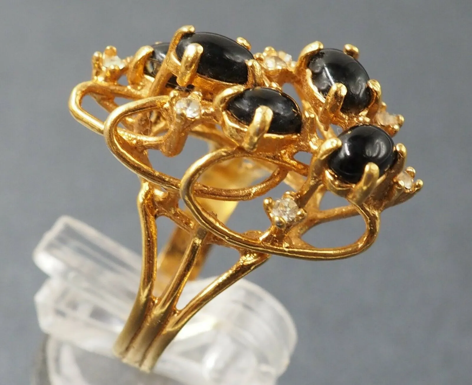 Onyx & Rhinestone 18ct Yellow Gold Plated Cluster Ring