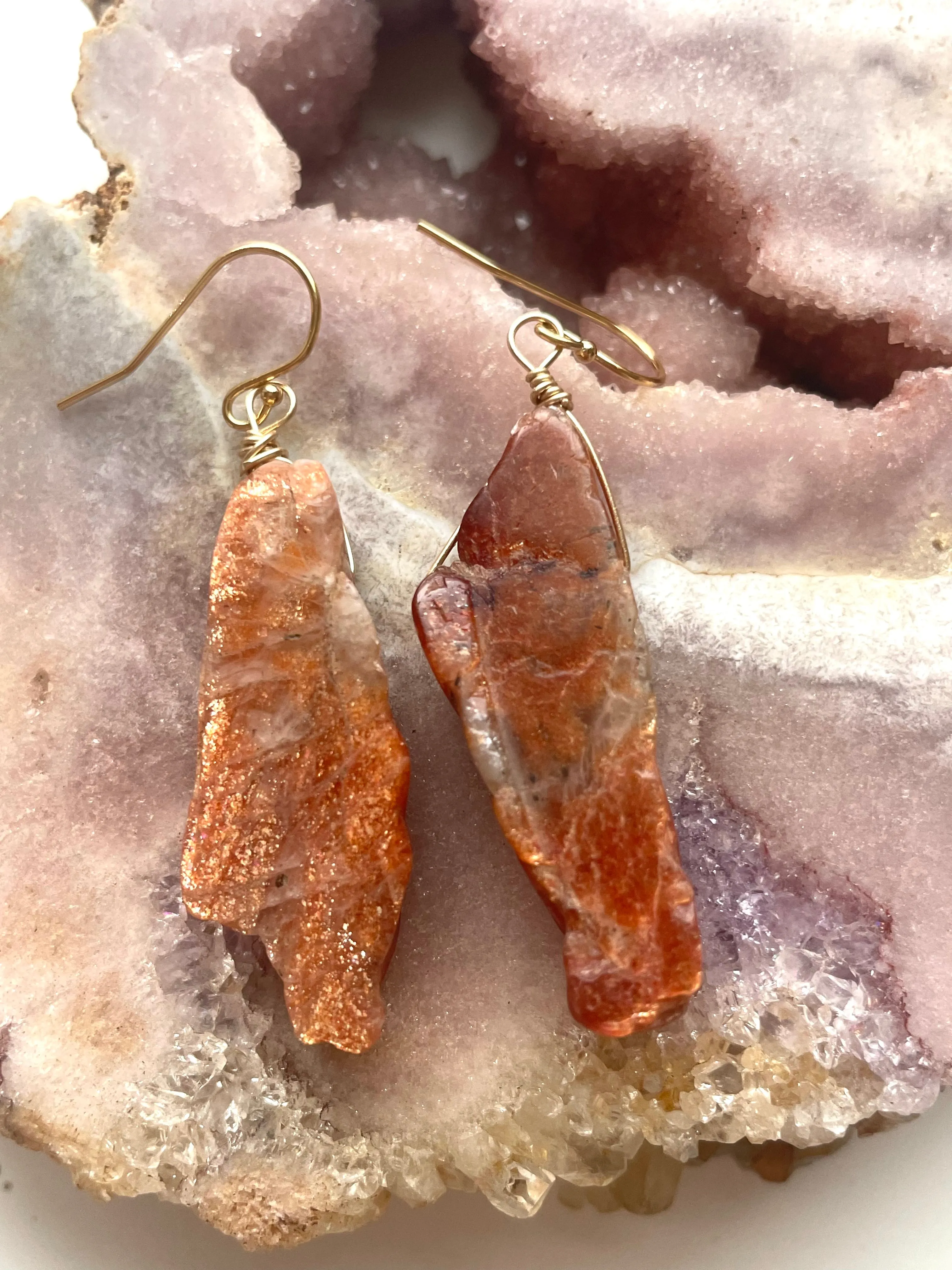 Orange Sunstone Gold Filled Statement Crystal Gemstone Earrings