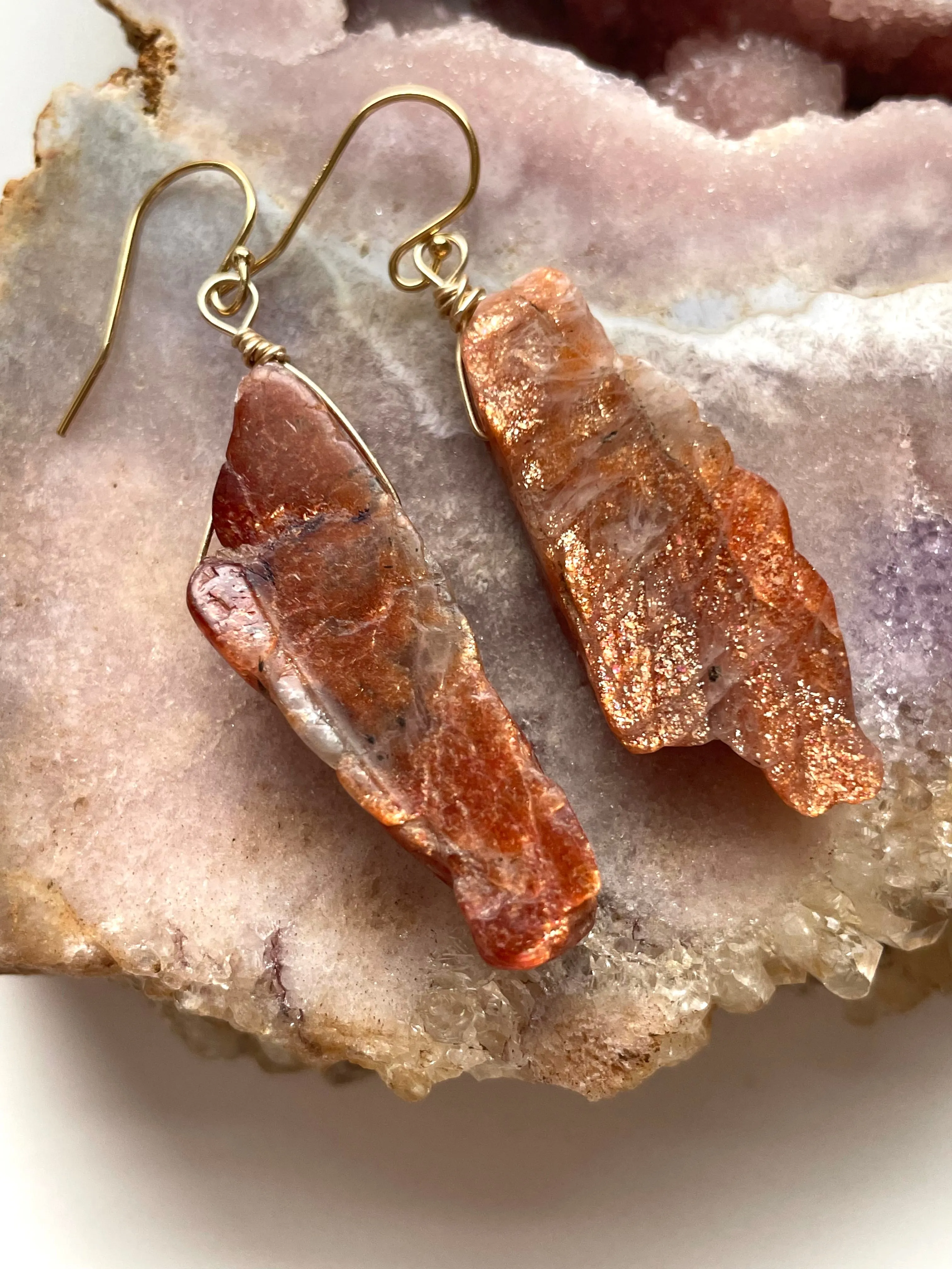 Orange Sunstone Gold Filled Statement Crystal Gemstone Earrings