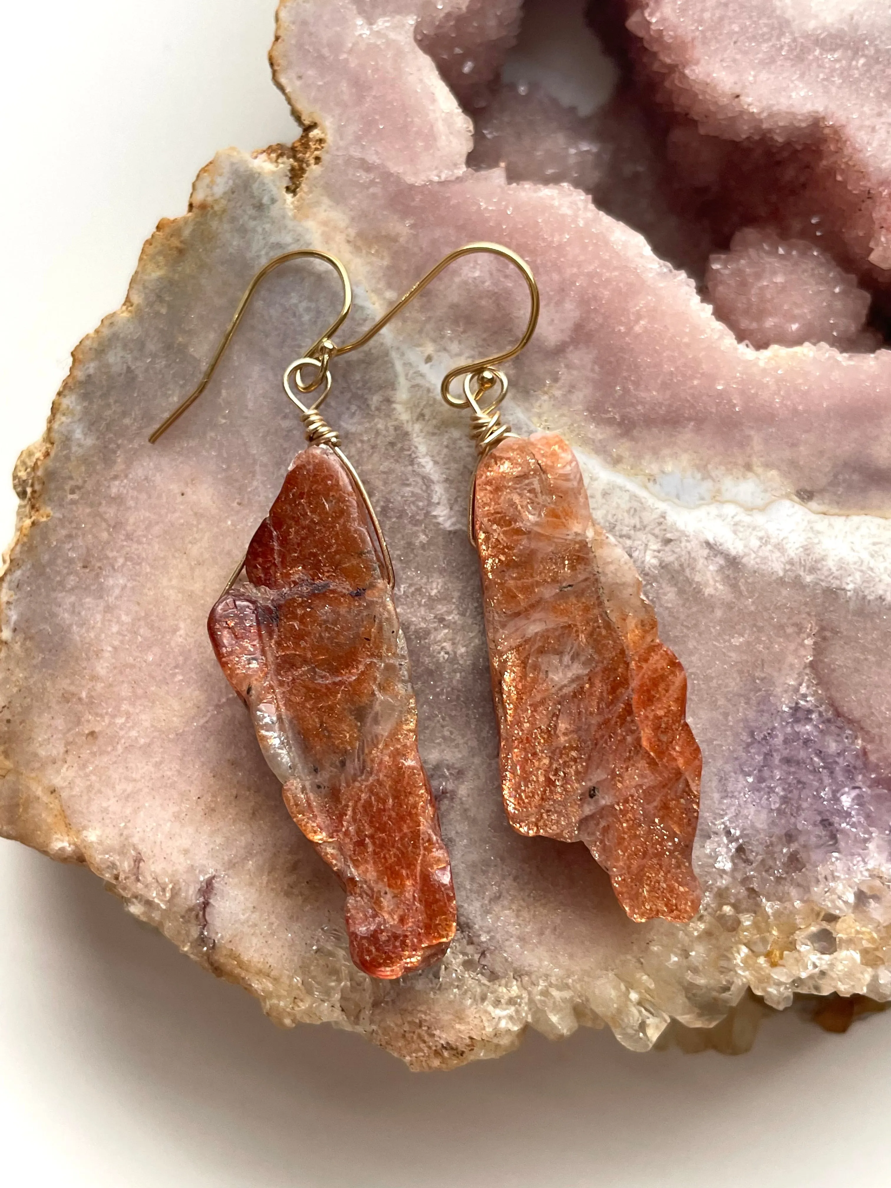 Orange Sunstone Gold Filled Statement Crystal Gemstone Earrings