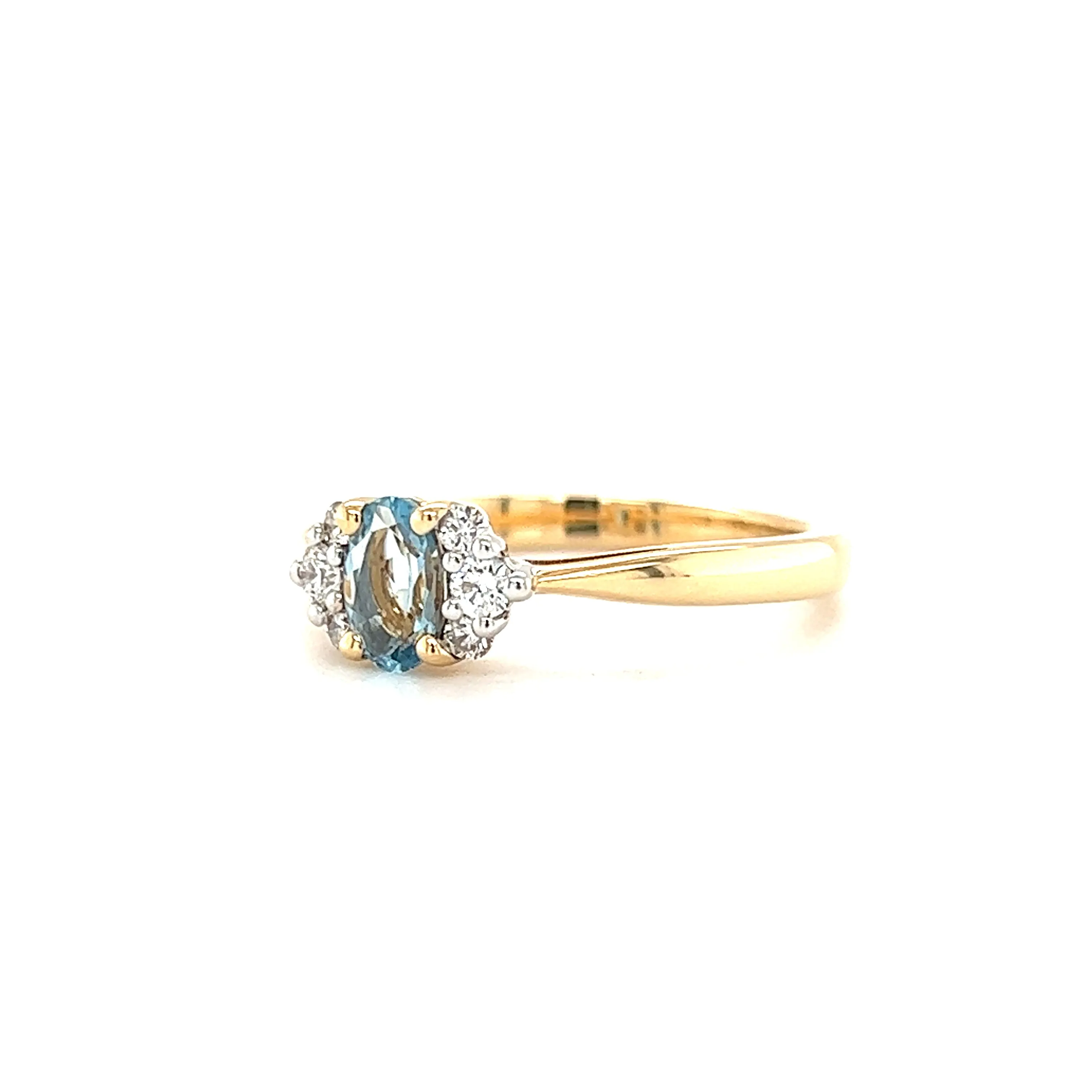 Oval Aquamarine Ring with Six Side Diamonds in 14K Yellow Gold