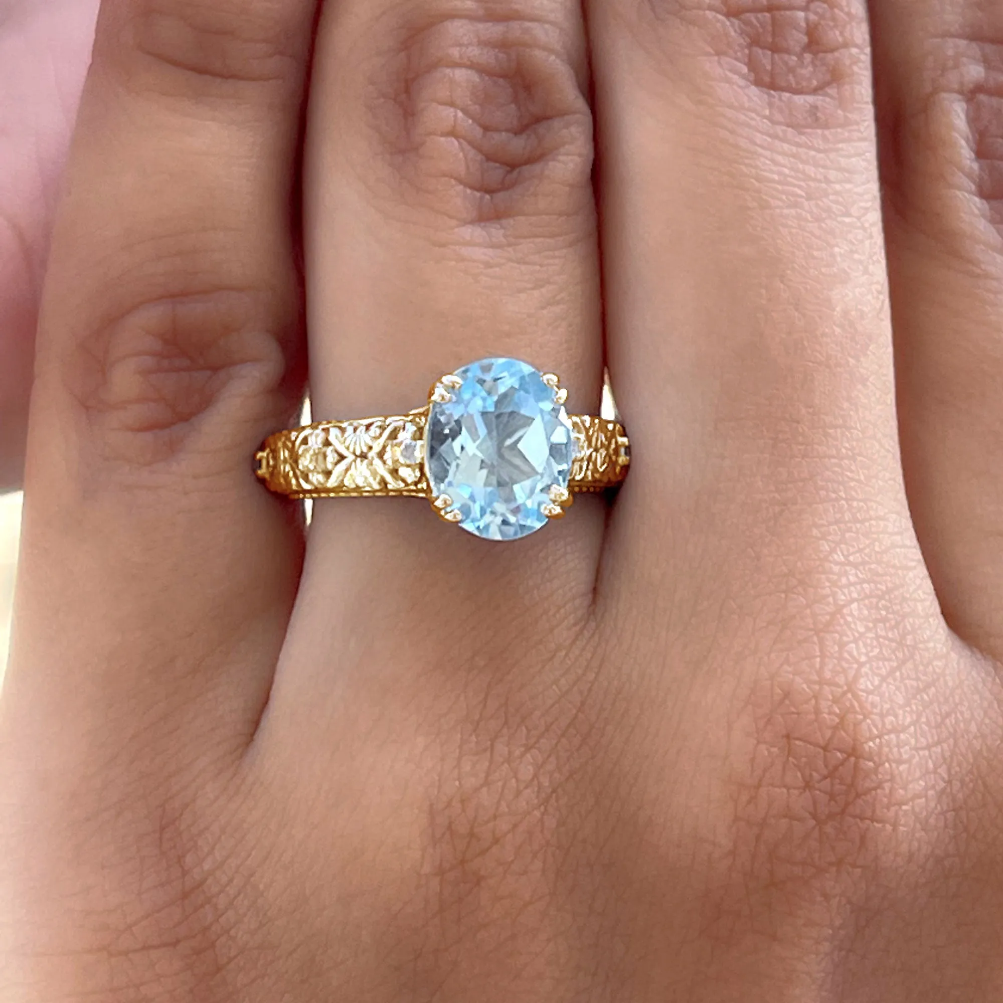 Oval Sky Blue Topaz and Diamond Vintage Style Solitaire Ring