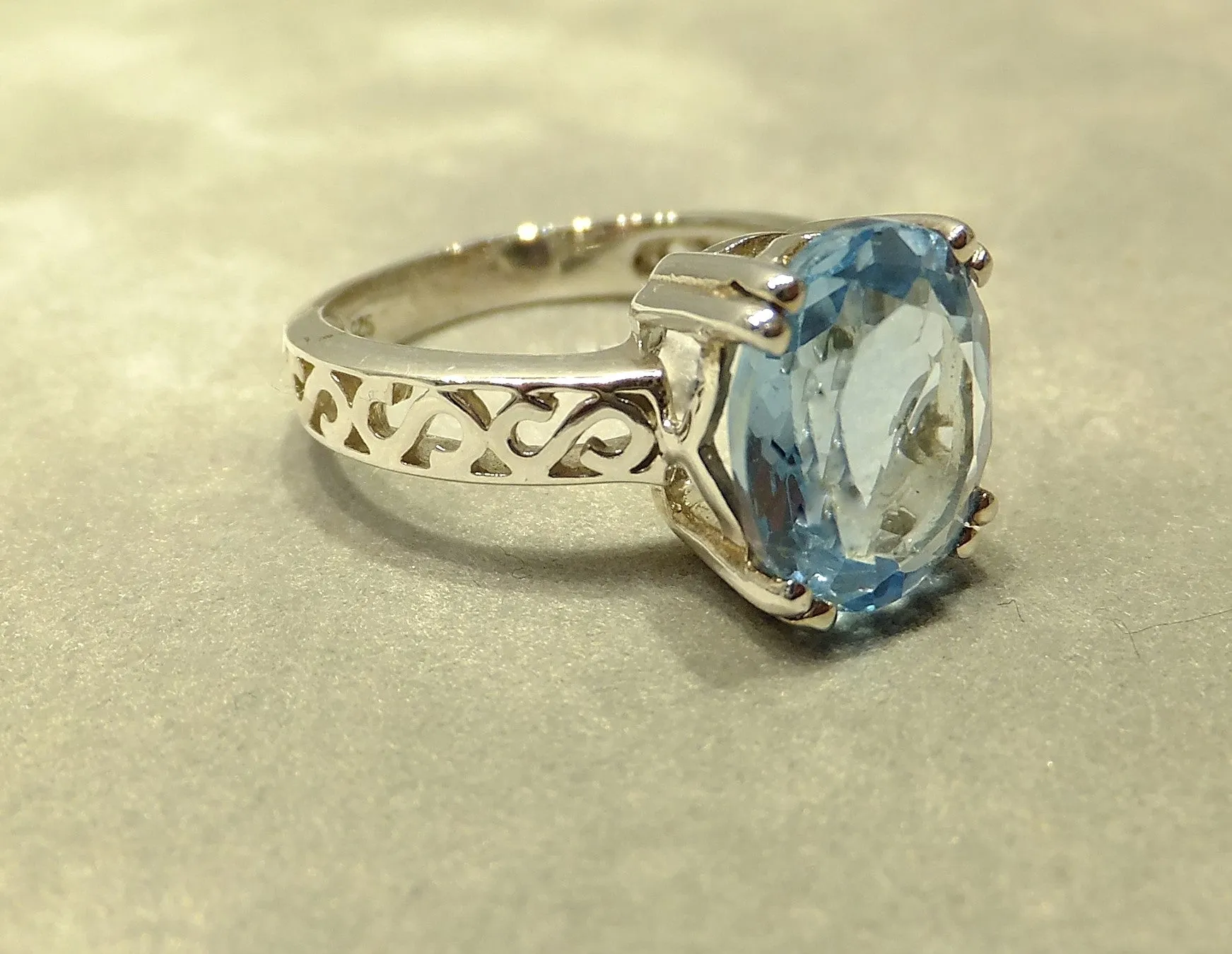 Oval Solitaire Blue Topaz Gemstone Ring In Sterling Silver