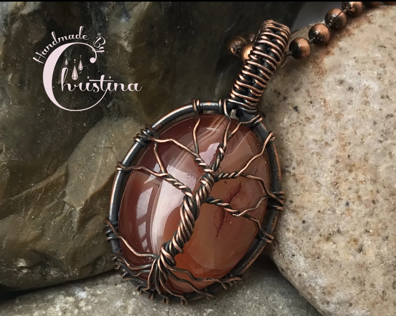 Oxidized Copper Wire Woven Carnelian Tree Of Life Mini Pendant