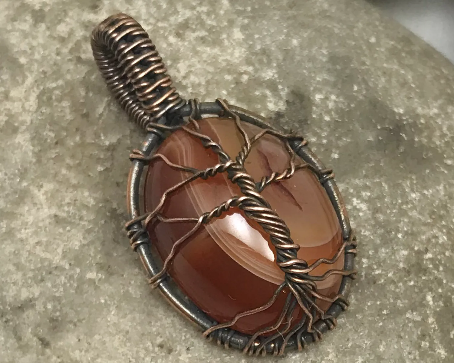 Oxidized Copper Wire Woven Carnelian Tree Of Life Mini Pendant