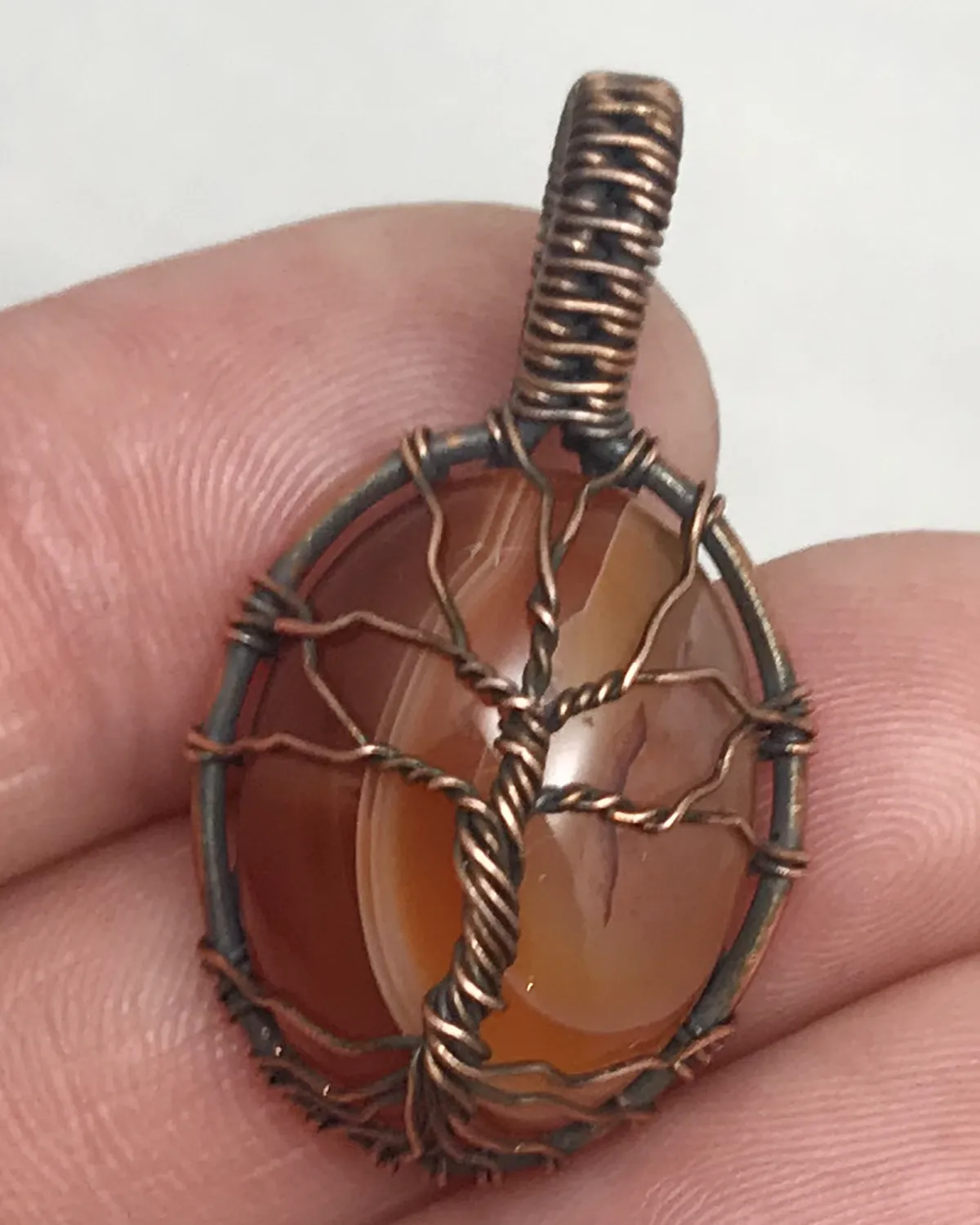 Oxidized Copper Wire Woven Carnelian Tree Of Life Mini Pendant