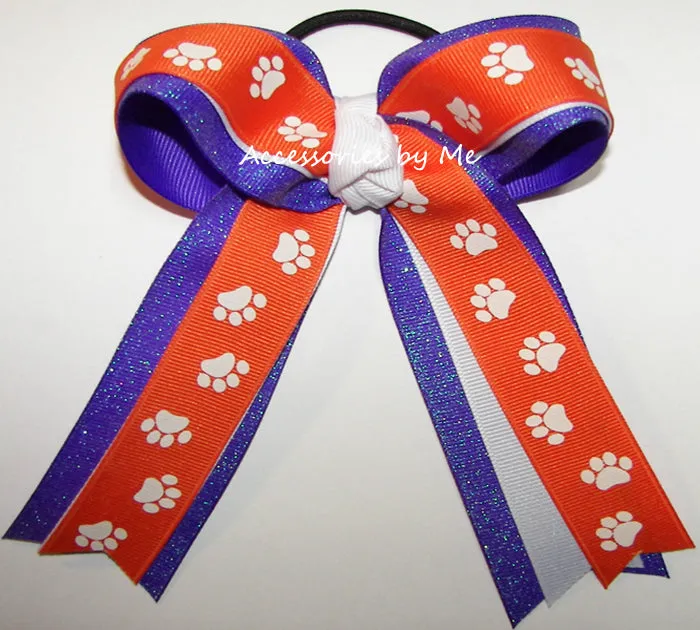 Paw Print Orange Purple Glitter Ponytail Bow