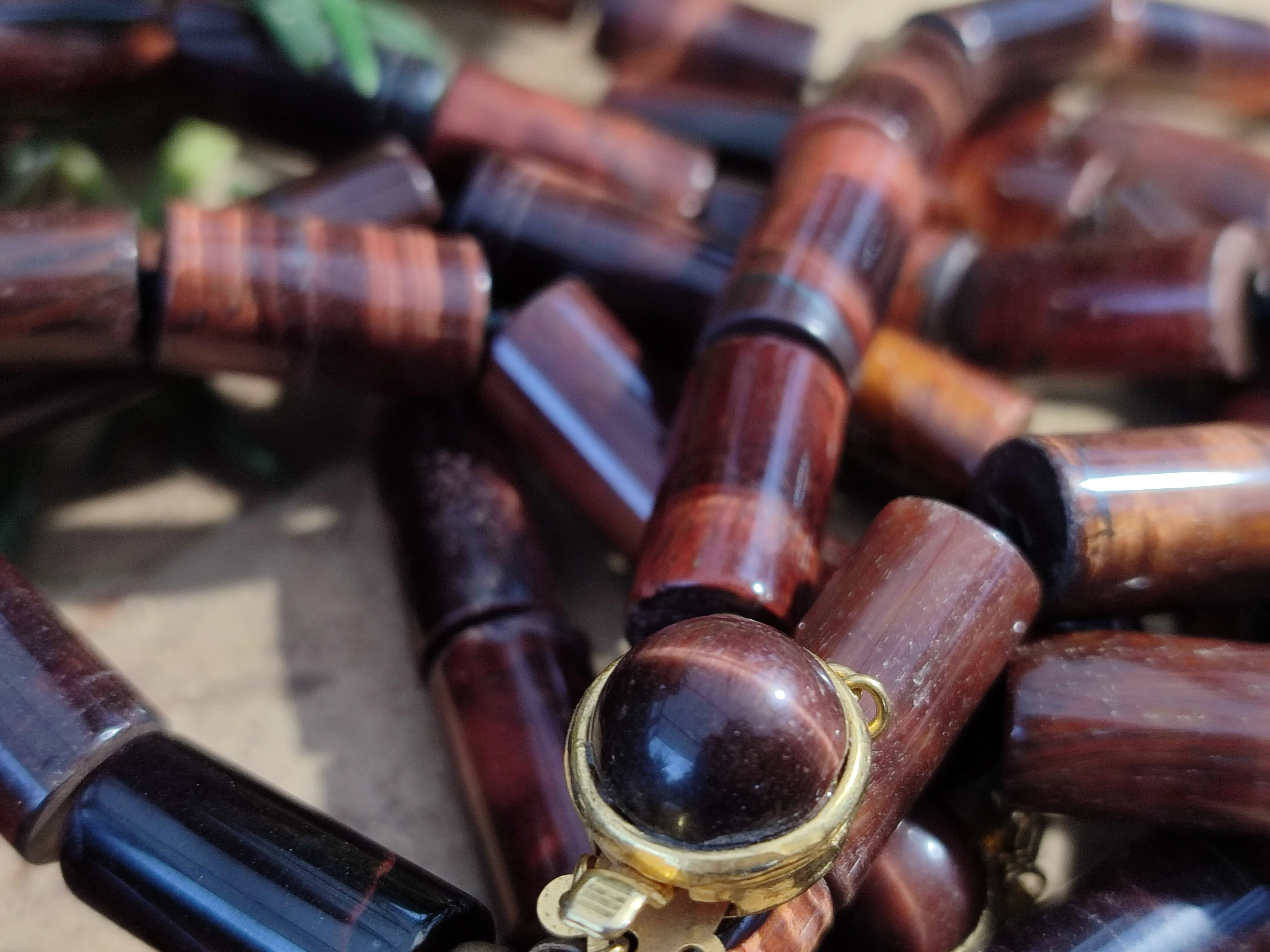 Polished Red Tigers Eye Cylinder Shaped Beaded Necklace with Cabochons on Clasp - Sold Per Item - From South Africa