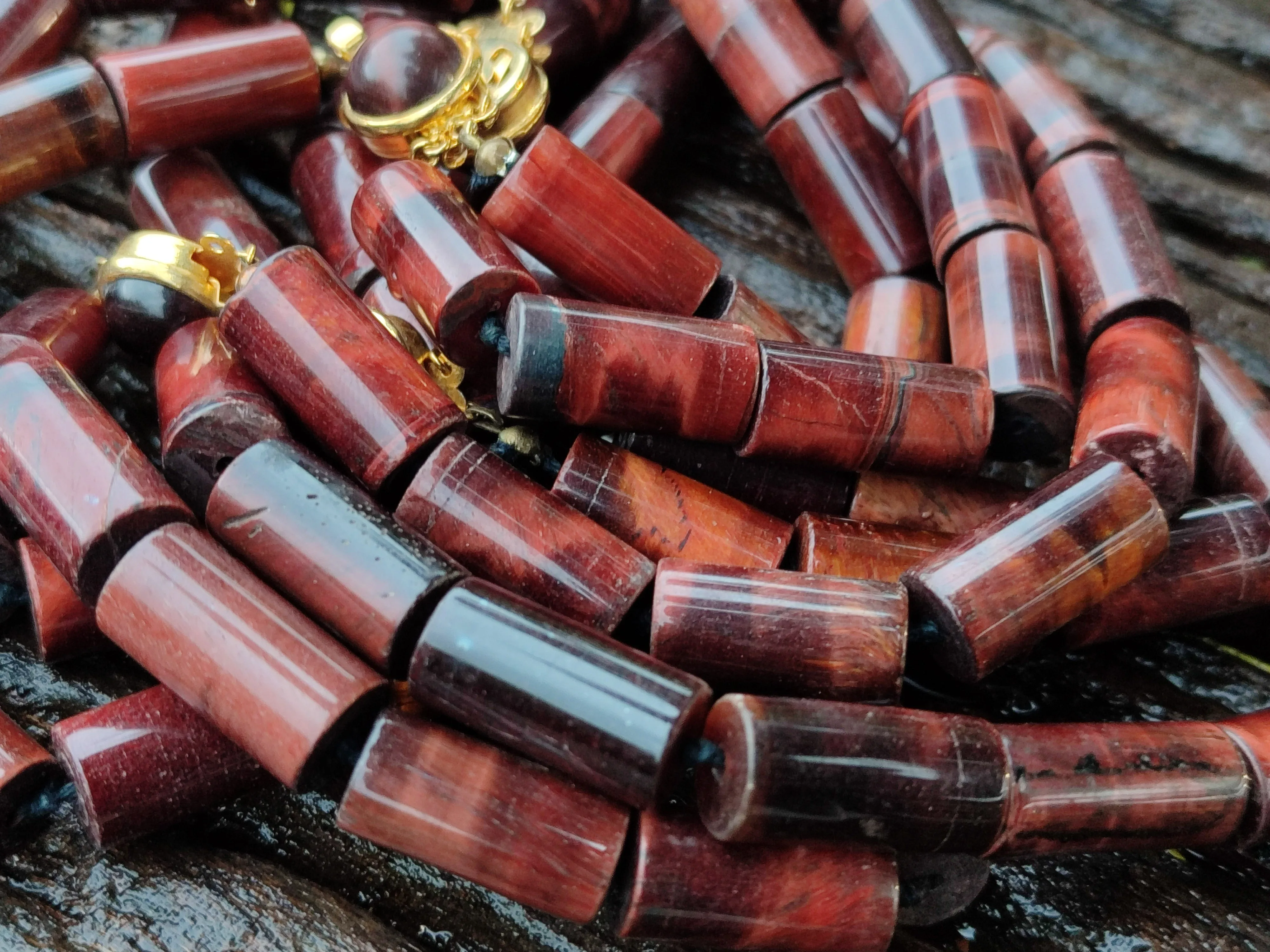 Polished Red Tigers Eye Cylinder Shaped Beaded Necklace with Cabochons on Clasp - Sold Per Item - From South Africa