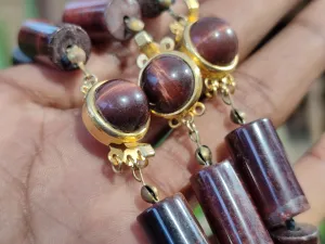 Polished Red Tigers Eye Cylinder Shaped Beaded Necklace with Cabochons on Clasp - Sold Per Item - From South Africa