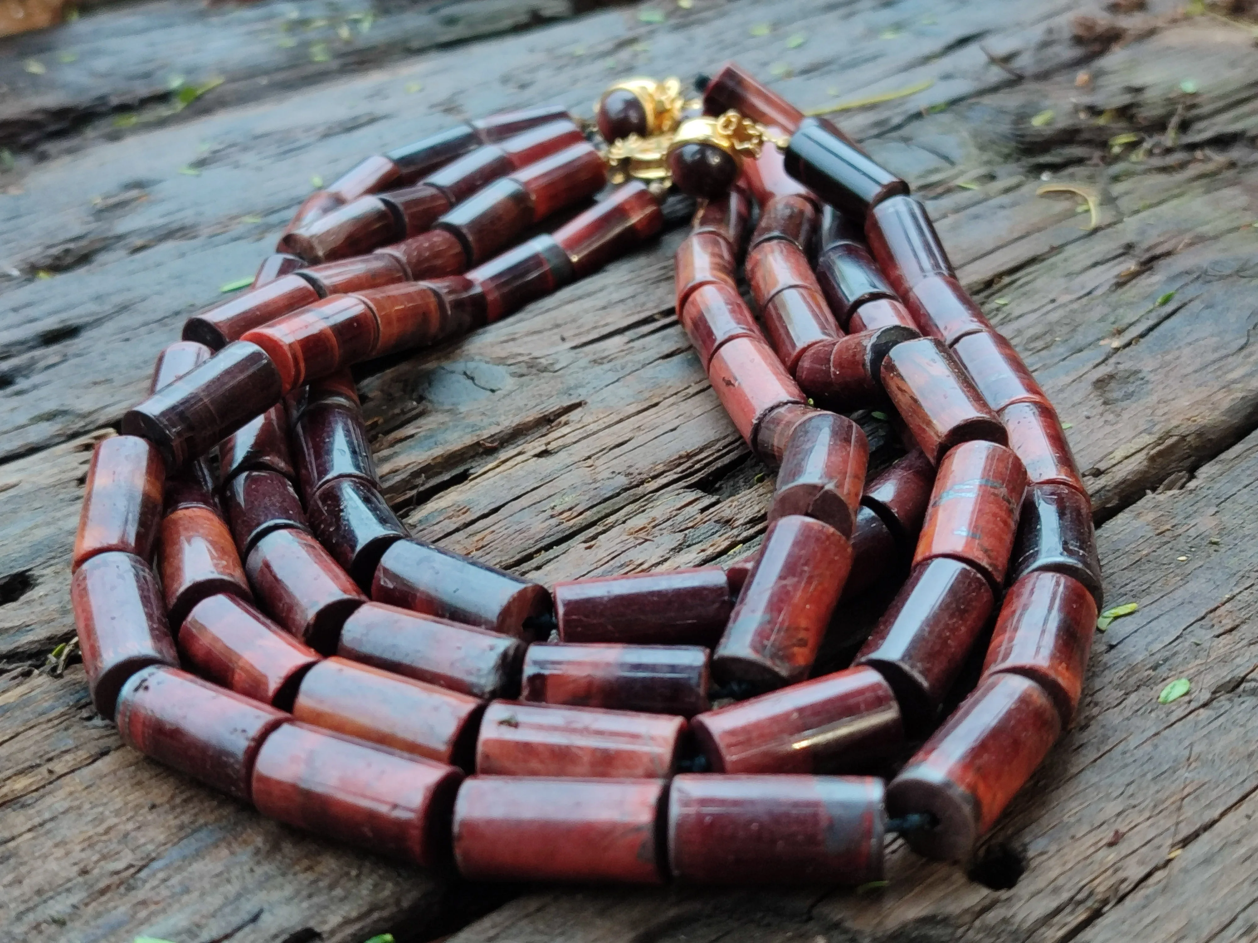 Polished Red Tigers Eye Cylinder Shaped Beaded Necklace with Cabochons on Clasp - Sold Per Item - From South Africa