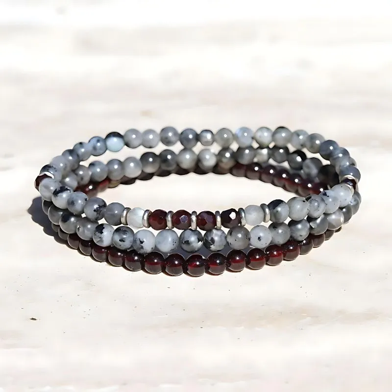 "Grounding & Creativity" Larvikite and Garnet Delicate Bracelet Stack