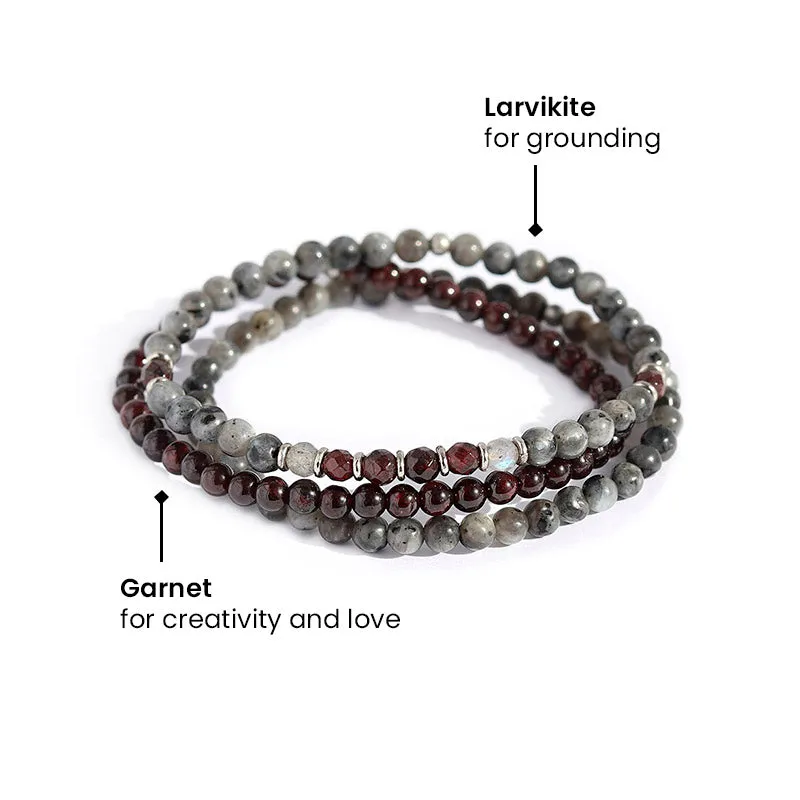 "Grounding & Creativity" Larvikite and Garnet Delicate Bracelet Stack