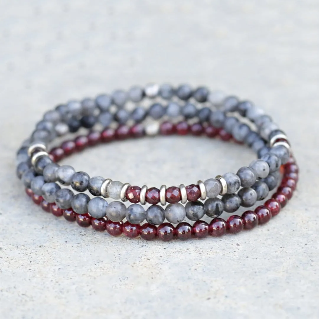 "Grounding & Creativity" Larvikite and Garnet Delicate Bracelet Stack