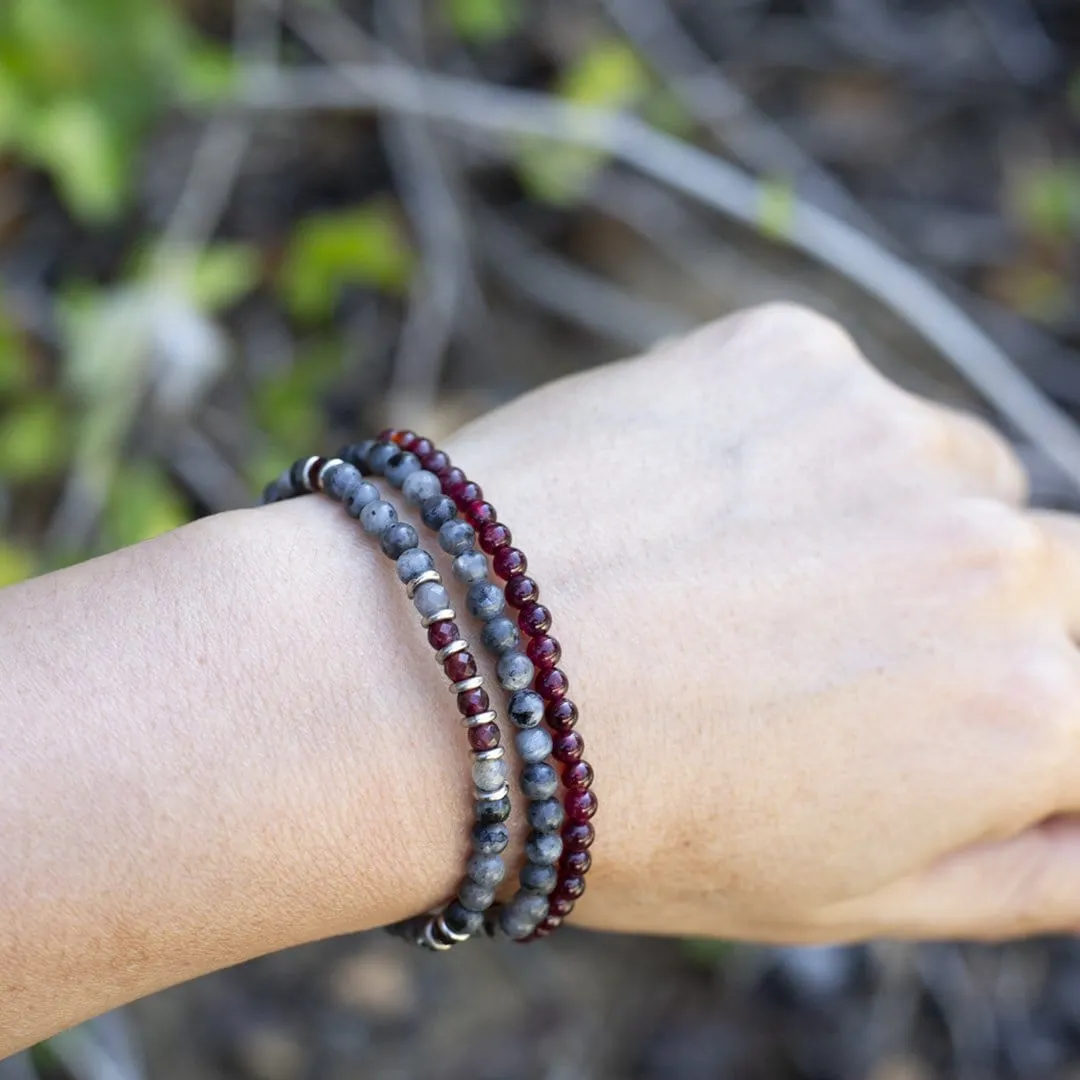 "Grounding & Creativity" Larvikite and Garnet Delicate Bracelet Stack