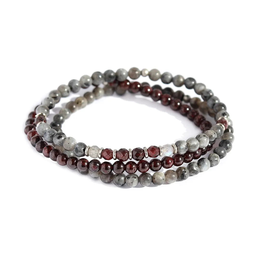 "Grounding & Creativity" Larvikite and Garnet Delicate Bracelet Stack