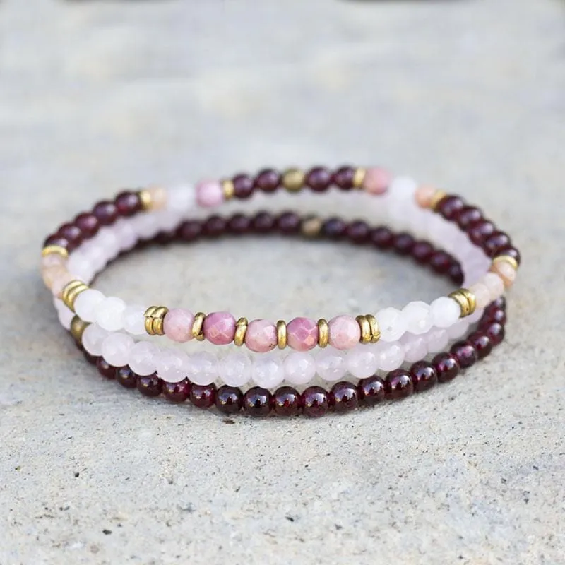 "Love and Self Love" Garnet and Rose Quartz Delicate Bracelet Stack