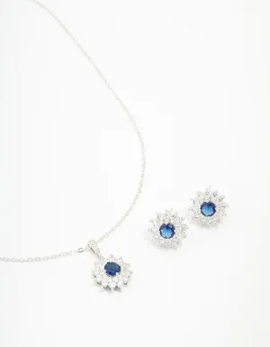 Rhodium Cubic Zirconia Daisy Sapphire Jewellery Set