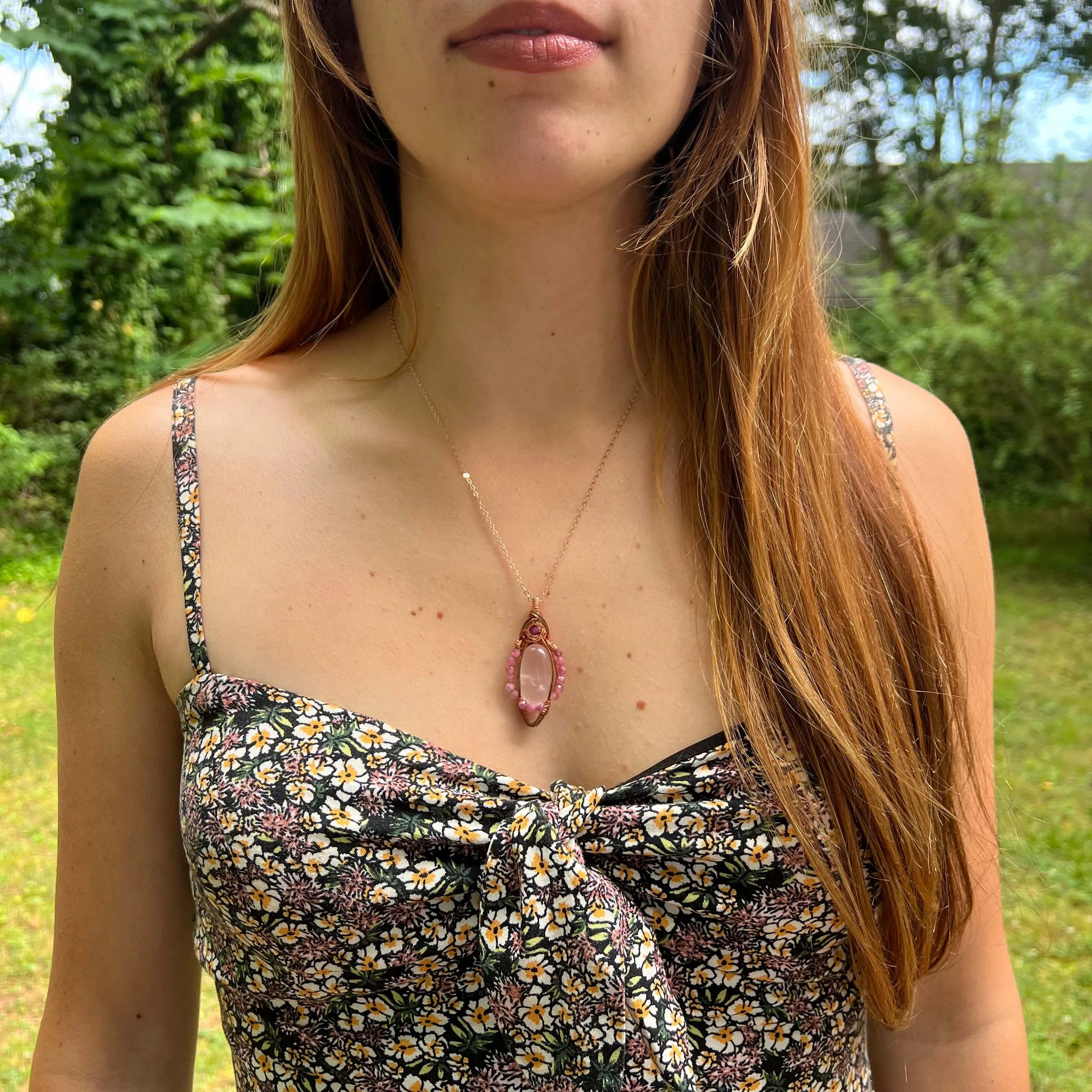 Rose Quartz, Ruby, and Pink Tourmaline Wire-Wrapped Pendant - Ready to Ship