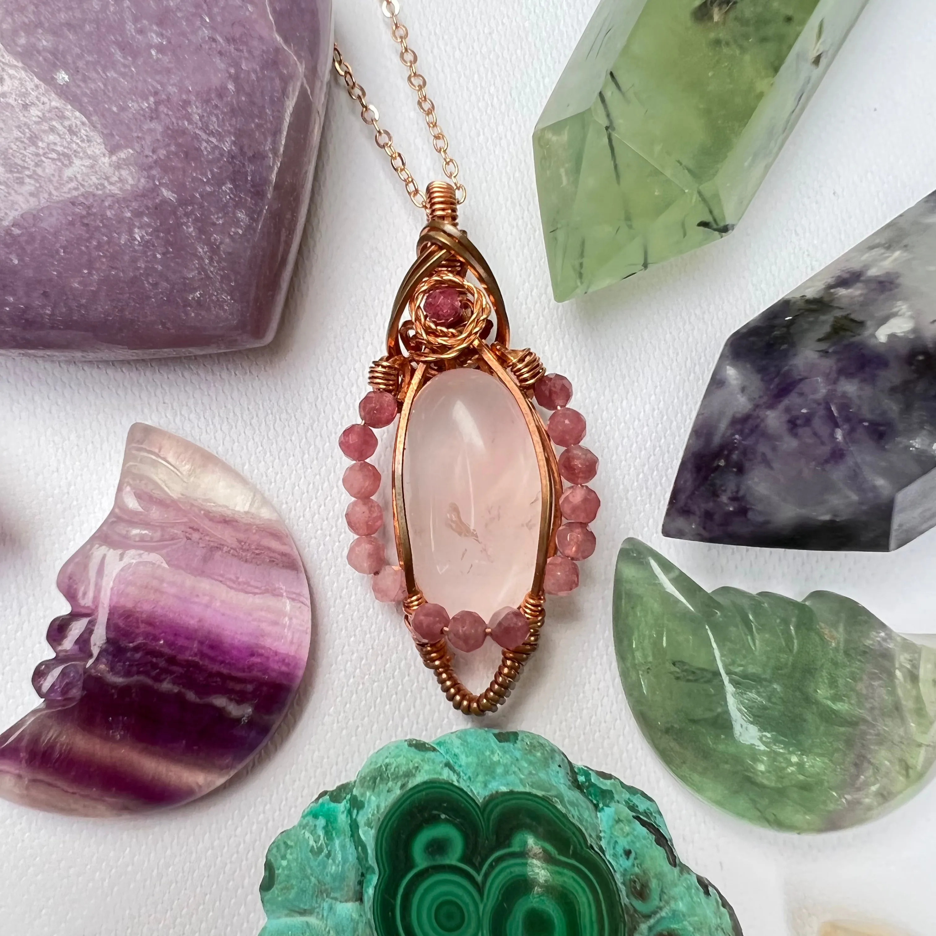 Rose Quartz, Ruby, and Pink Tourmaline Wire-Wrapped Pendant - Ready to Ship