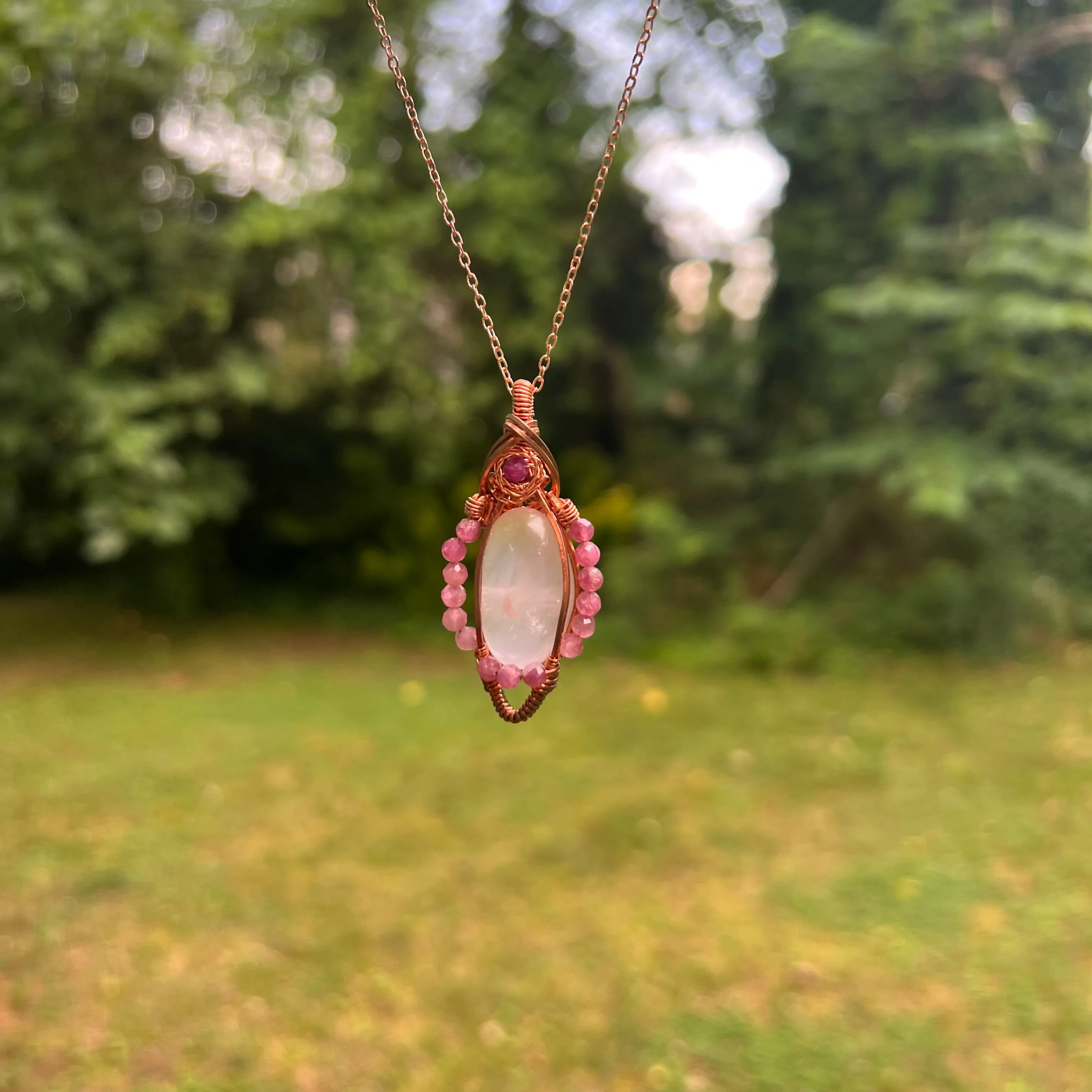 Rose Quartz, Ruby, and Pink Tourmaline Wire-Wrapped Pendant - Ready to Ship