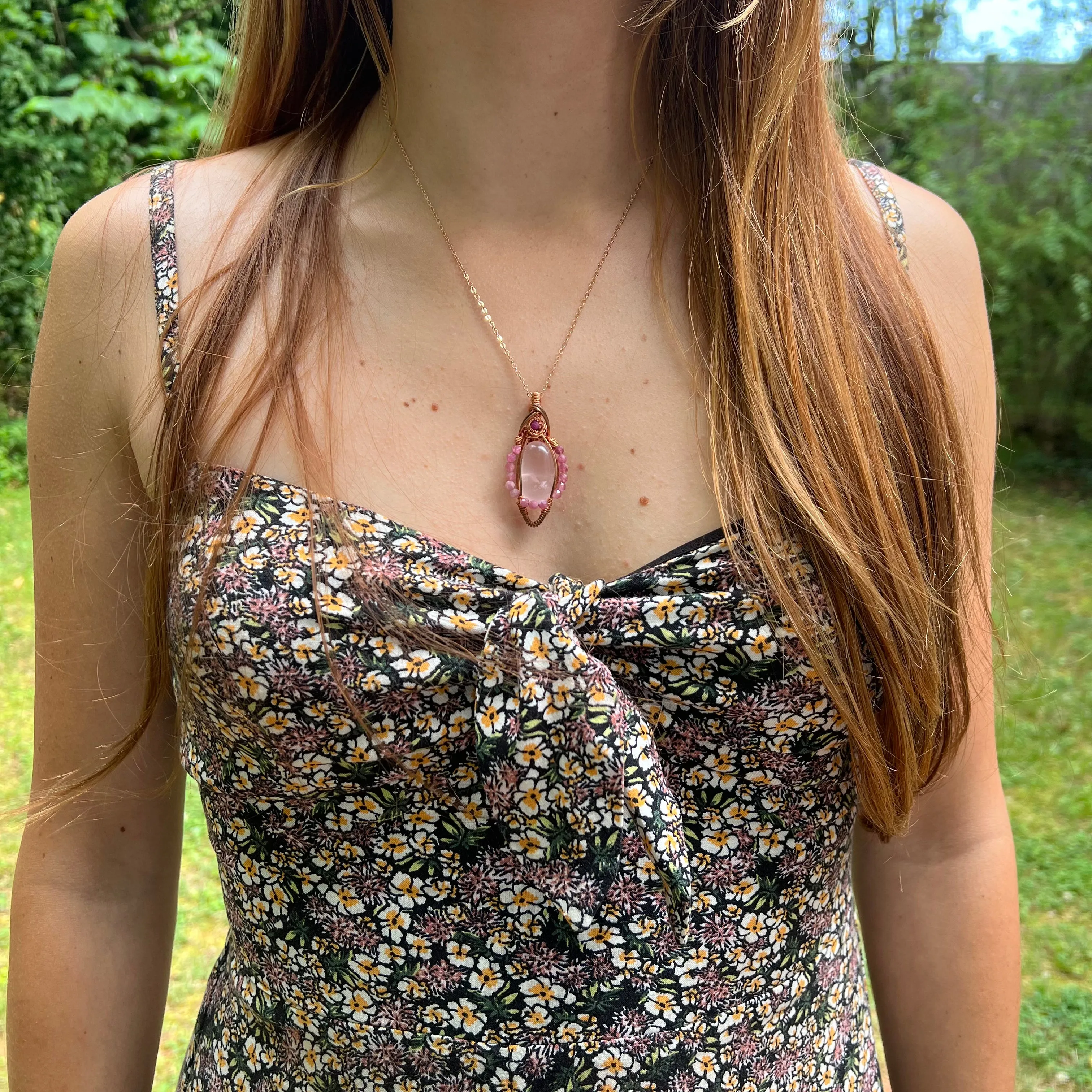 Rose Quartz, Ruby, and Pink Tourmaline Wire-Wrapped Pendant - Ready to Ship