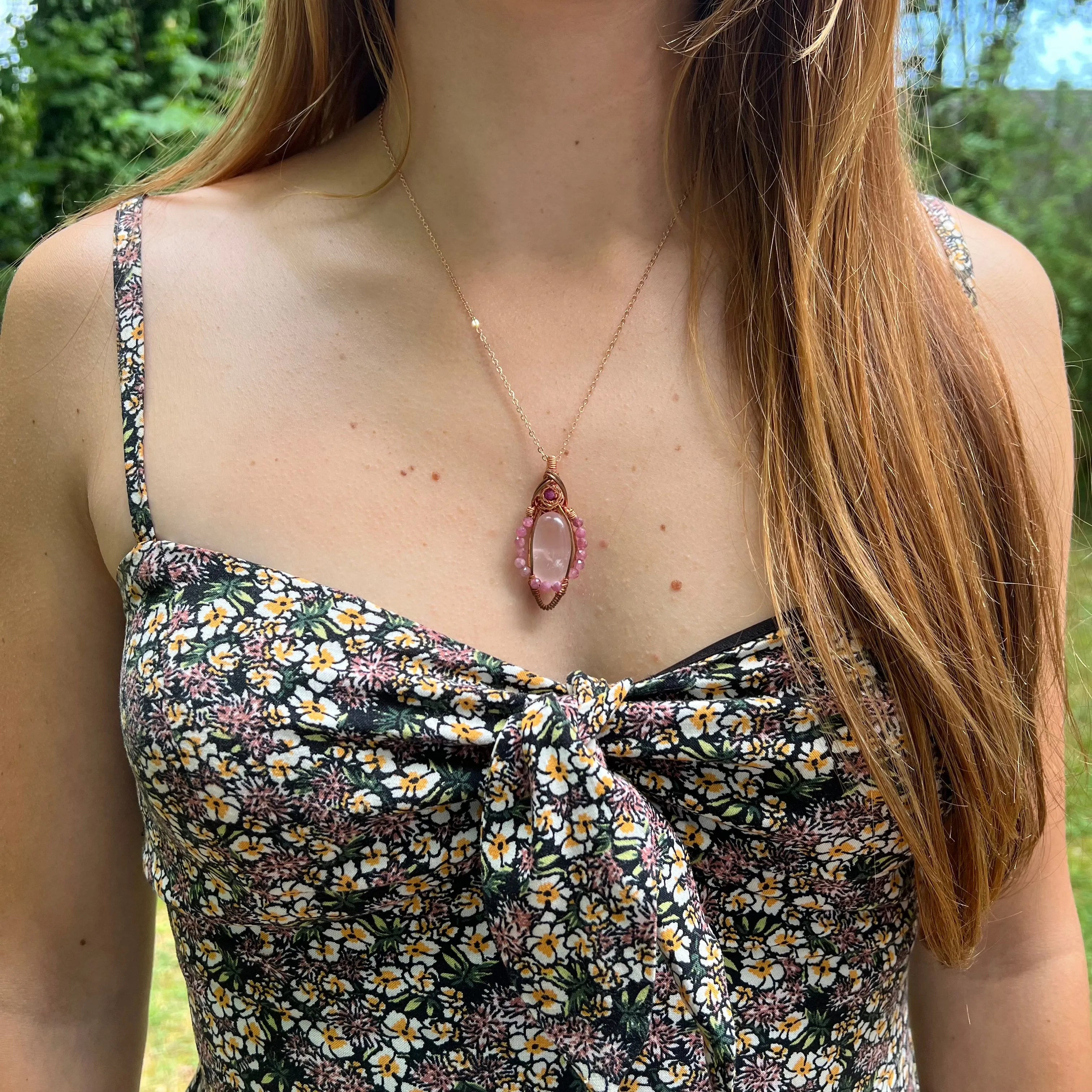 Rose Quartz, Ruby, and Pink Tourmaline Wire-Wrapped Pendant - Ready to Ship