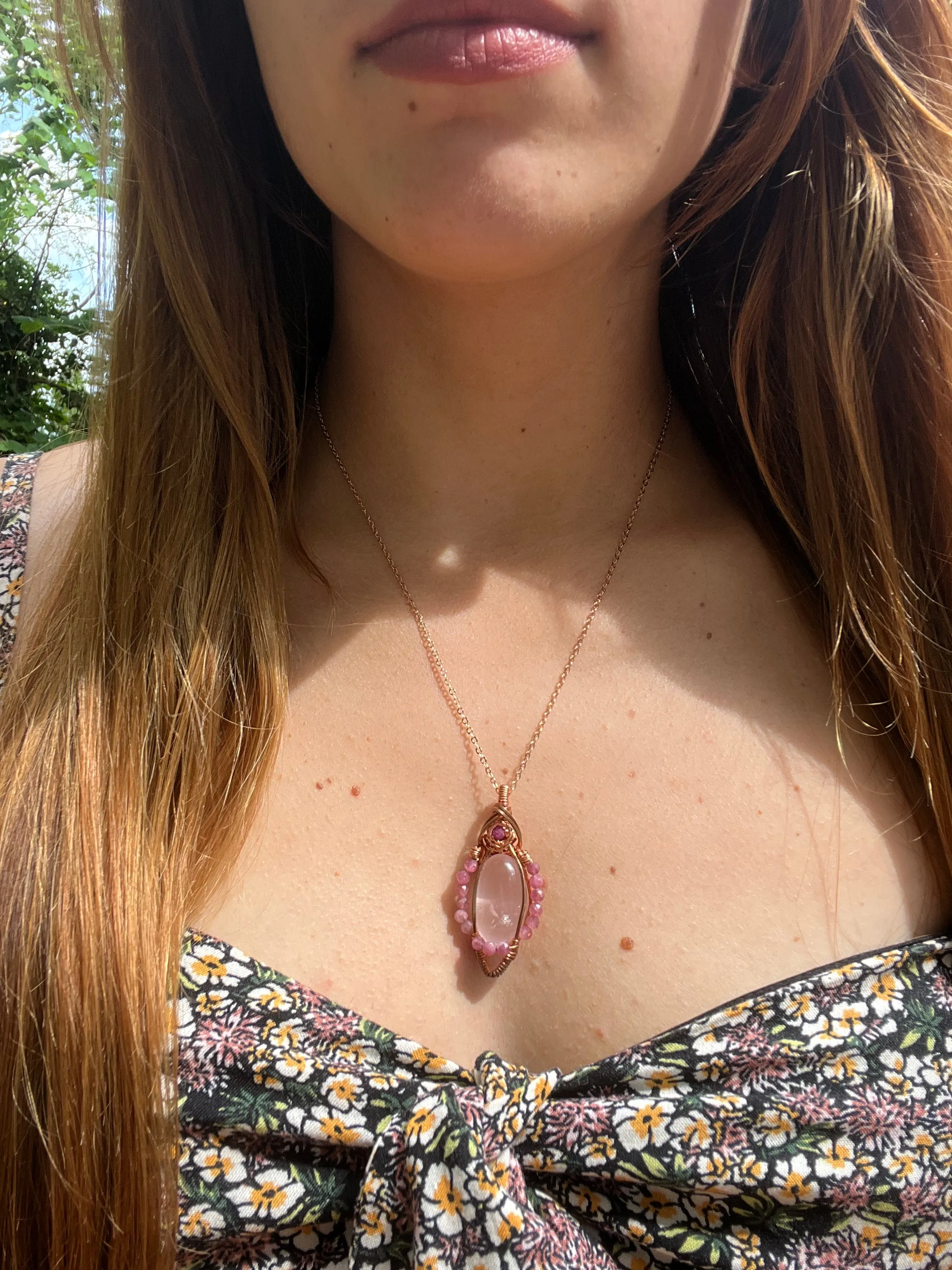 Rose Quartz, Ruby, and Pink Tourmaline Wire-Wrapped Pendant - Ready to Ship