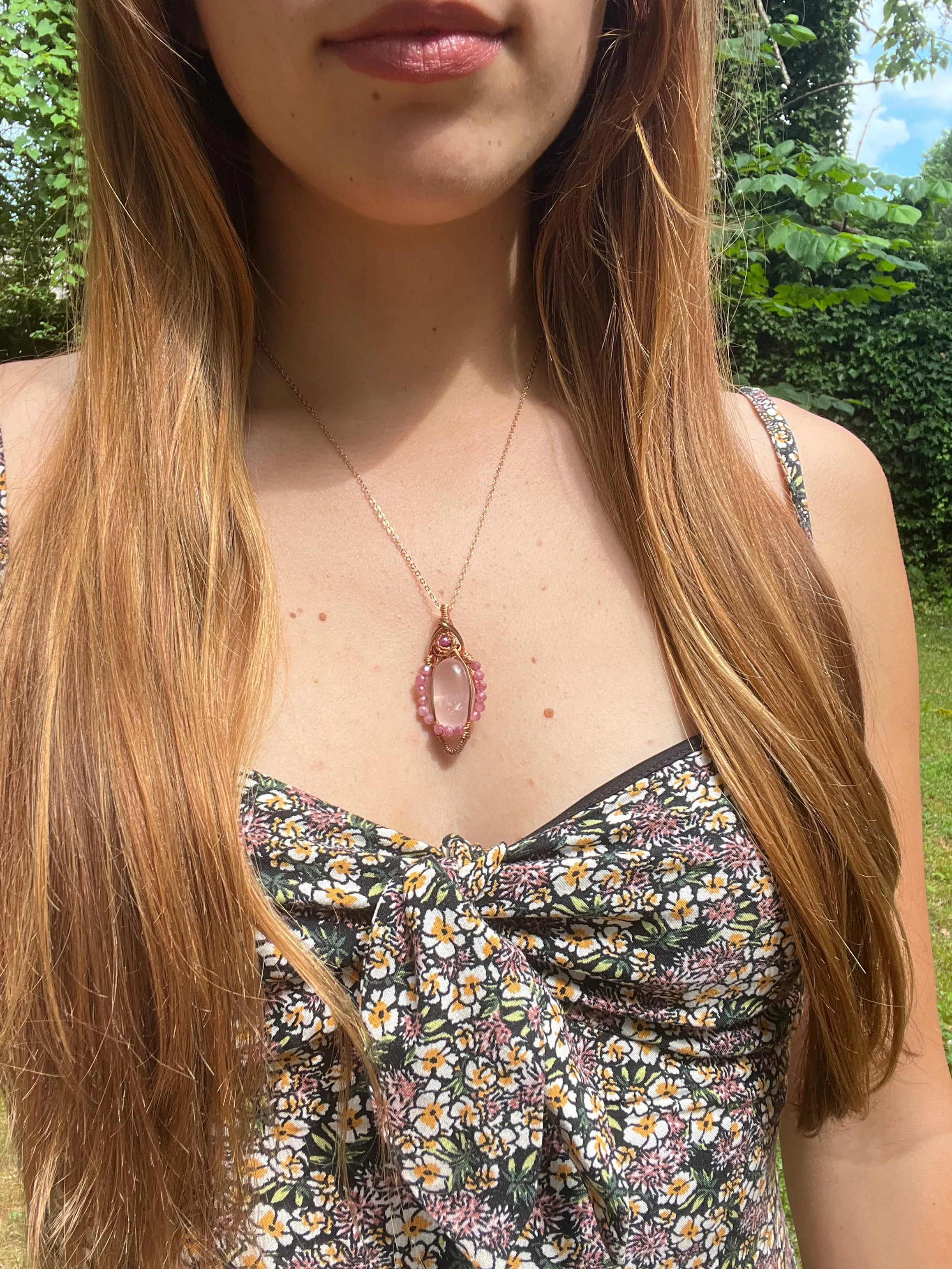 Rose Quartz, Ruby, and Pink Tourmaline Wire-Wrapped Pendant - Ready to Ship