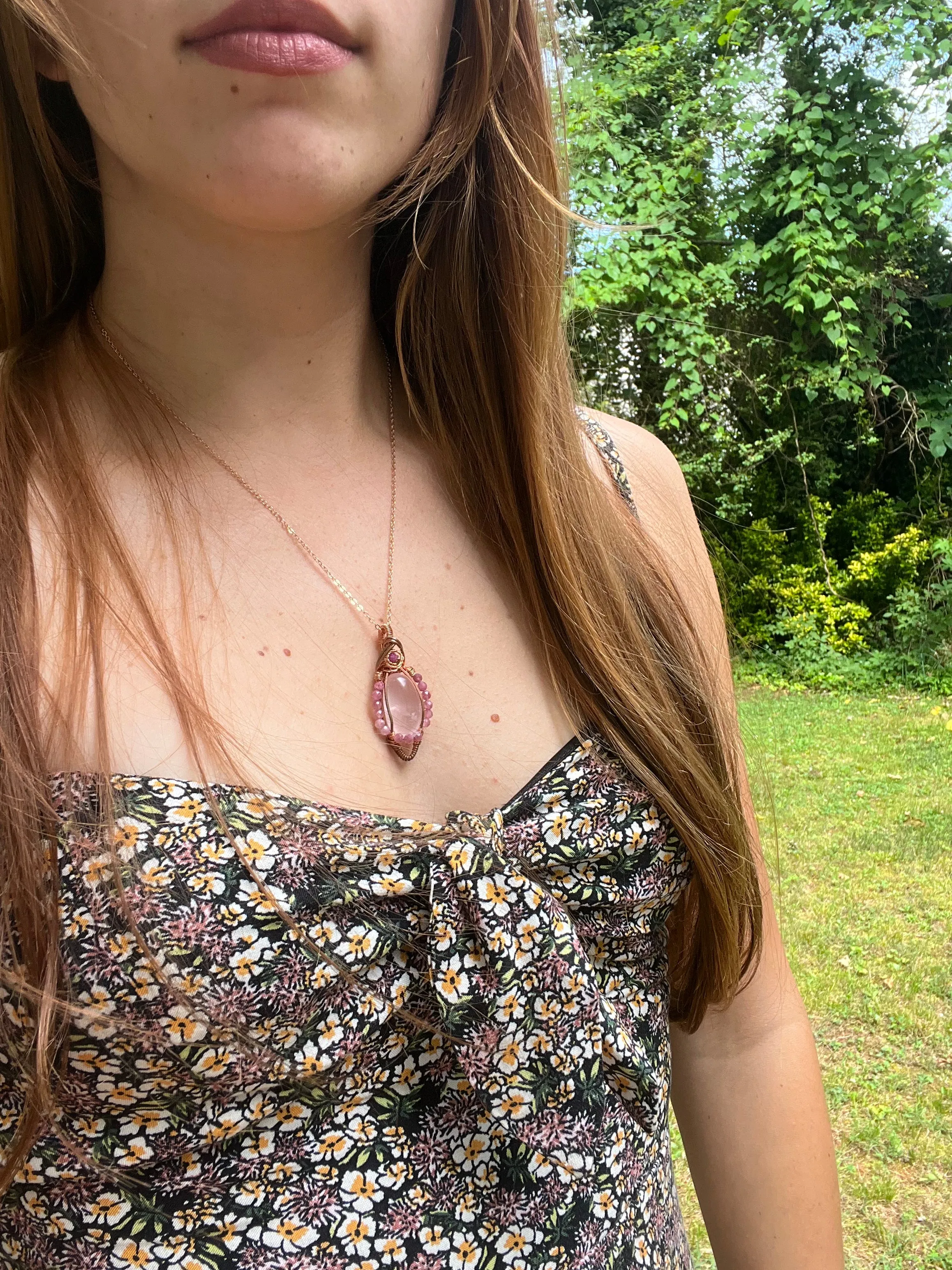 Rose Quartz, Ruby, and Pink Tourmaline Wire-Wrapped Pendant - Ready to Ship